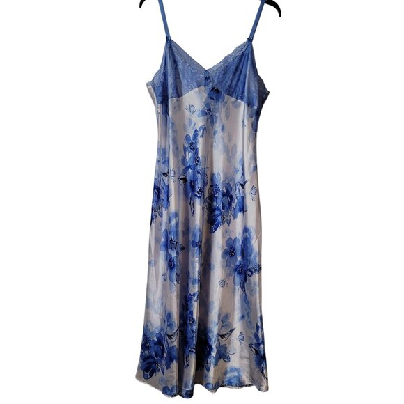 Jones New York Blue Floral Satin Nightgown With Lace Trim Adjustable Straps XL - Picture 1 of 11